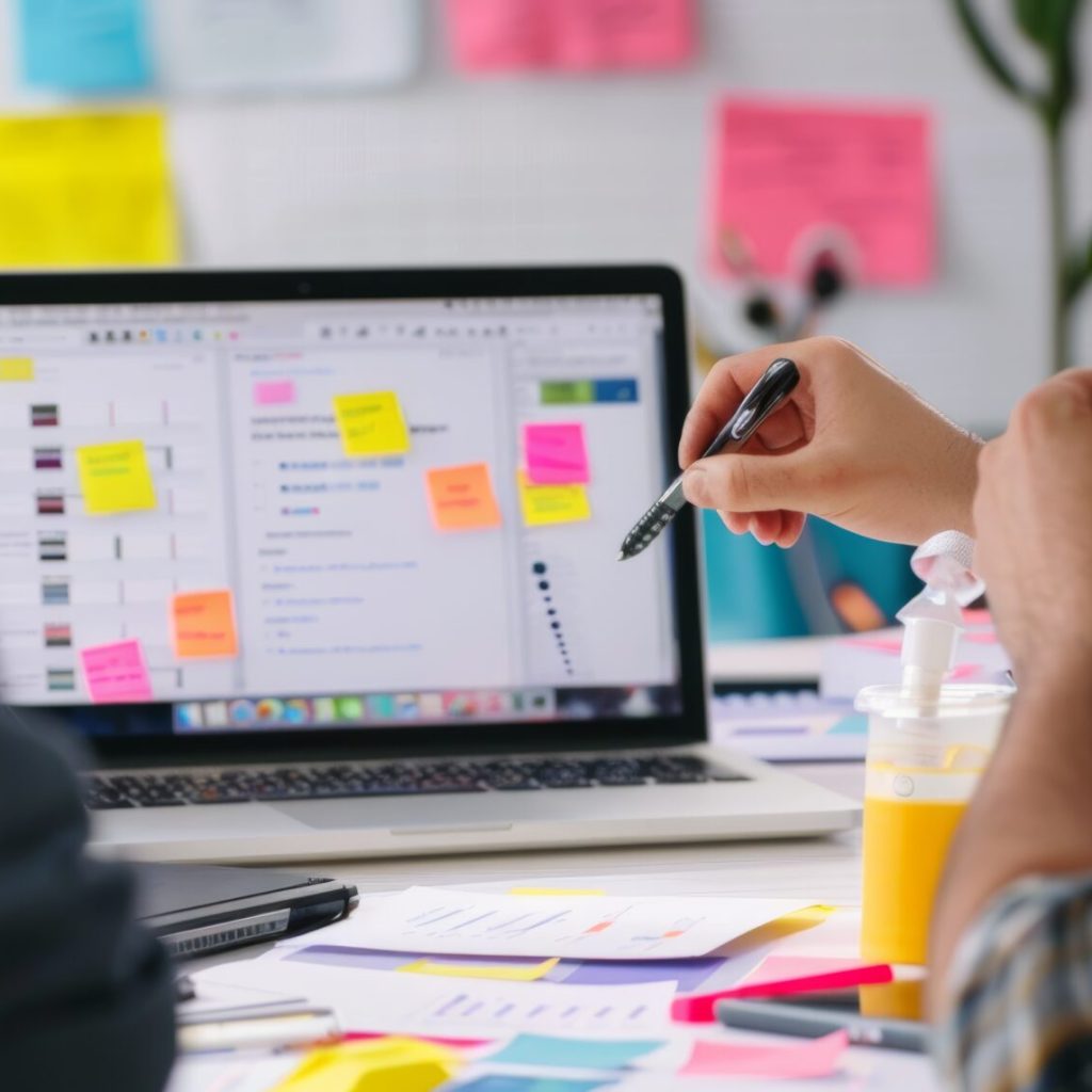 Marketing professionals engage in a collaborative discussion around a content calendar, featuring printed materials, graphs, and laptops on a wooden table. the teamwork setting focuses on strategic planning and digital marketing.