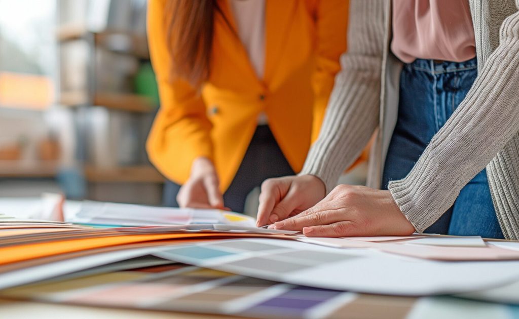 A qualified interior designer compares the colour material with colour samples and a colour palette document when discussing it with her colleagues.