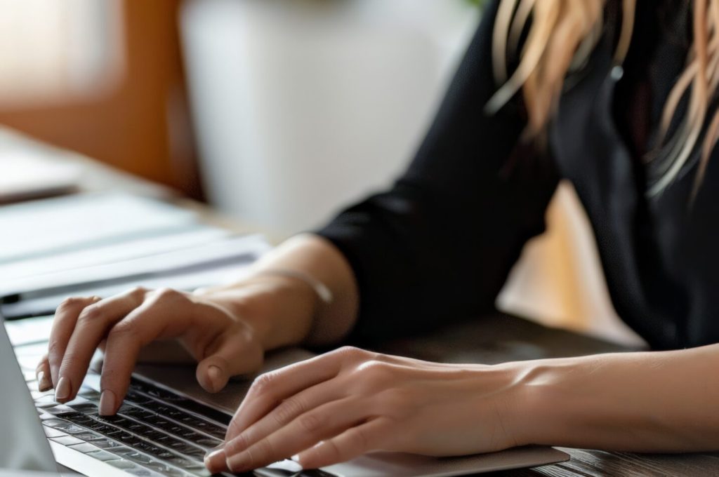 Woman in white shirt working on laptop surrounded by tax paperwork in a bright office. Financial planning and tax preparation concept.