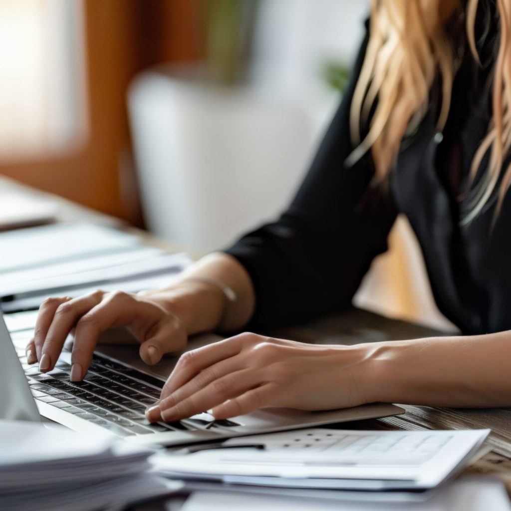 Woman in white shirt working on laptop surrounded by tax paperwork in a bright office. Financial planning and tax preparation concept.